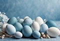 A serene Easter background featuring delicately painted eggs with a white and blue palette, ideal for festive holiday designs