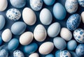 A serene Easter background featuring delicately painted eggs with a white and blue palette, ideal for festive holiday designs