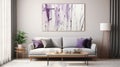 Delicate Watercolor Abstract Artwork In Living Room With Purple And Gray Accents