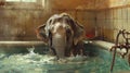 Serene elephant submerged in water, taking a bath in a vintage bathtub