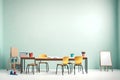 a serene and empty classroom setup.with whiteboard, desk, and light Royalty Free Stock Photo