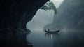 Moody Monotone: Serene Cave With Floating Tree In Calm Lake