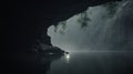 Moody Monotone: Serene Cave With Floating Tree In Calm Lake