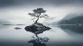 Moody Monotone: Serene Rock With Lone Tree In Calm Lake Royalty Free Stock Photo