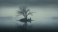 Moody Monotone: Serene Mammal Image With Lone Tree In Calm Lake