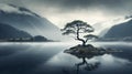 Moody Monotone: Serene Mountain Landscape With Floating Lone Tree Royalty Free Stock Photo