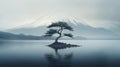 Minimalistic Japanese Landscape: Serene Tree In Water With Mountain Background