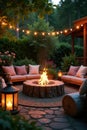 Serene evening backyard fire pit scene with cozy seating and string lights. Generative AI Royalty Free Stock Photo
