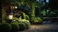A serene evening backyard with lush bushes and trees.