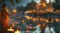 Serene evening at a Buddhist temple during Visakha Bucha Day, worshippers holding candles, soft glow illumination, in Royalty Free Stock Photo