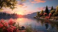 A serene evening by the lakeside, where the sun sets in a palette of warm hues, reflecting on the calm water. Royalty Free Stock Photo