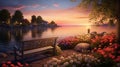 A serene evening by the lakeside, where the sun sets in a palette of warm hues, reflecting on the calm water. Royalty Free Stock Photo