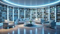 Serene evening in a modern circular library with ambient lighting and comfortable seating. Generative AI Royalty Free Stock Photo