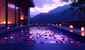 Serene evening pool scene with floating rose petals and mountain backdrop Royalty Free Stock Photo