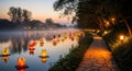 Enchanting evening river scene with floating lanterns casting a soft glow reflecting on calm water surface Royalty Free Stock Photo