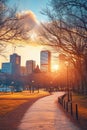 A serene evening scene of a city park during sunset Royalty Free Stock Photo