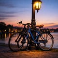 Two Bicycles Parked by a Glowing Vintage Lamp Post at Lakeside Sunset AI-GENERATED Royalty Free Stock Photo