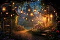 A serene evening setting with lanterns adorning a majestic tree, casting a soft glow on the surroundings, An enchanting forest