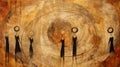 Serene Faces And Human Connections: Abstract Painting Of Four People And A Ring In Sepia Tone