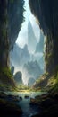 Serene Fantasy Cave: Majestic Mountains, Misty Atmosphere, Faith-inspired Art