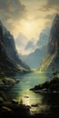 Serene Fantasy Landscape Painting: Mountains And Lake In Digital Art