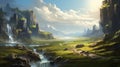 Serene Fantasy Landscape With Waterfall And Mountains