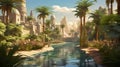 Serene Fantasy Mediterranean City With Palm Trees And River