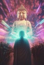 A serene figure gazes upwards at a radiant Buddha. Royalty Free Stock Photo