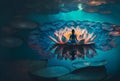 a person meditating or doing yoga next to a lotus flower floating in blue water (AIgen)