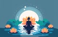 a person meditating or doing yoga next to a lotus flower floating in blue water (AIgen)