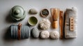 Serene Flat Lay of Yoga Props and Herbal Essentials for Mindfulness Practice Royalty Free Stock Photo
