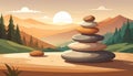 Zen Stone Stack at Golden Sunset â Minimal Landscape Illustration Royalty Free Stock Photo