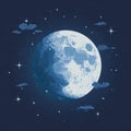 Serene flat vector full moon illustration with sparkling stars and soft clouds in a dark blue night sky. Royalty Free Stock Photo
