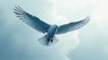 A serene flight of a pale bird through a cloudy sky, wings spread wide in peaceful soaring. Generative AI Royalty Free Stock Photo