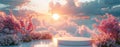 Serene Floating Podium Amidst Cherry Blossoms at Sunset