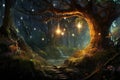 Serene Forest Abundant With Luminous Trees, An enchanted forest with little magical creatures and sparkling mushrooms, AI