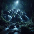 Cascading waterfall in forest, illuminated by the glow of the distant moon light