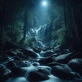 Cascading waterfall in forest, illuminated by the glow of the distant moon light