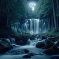 Cascading waterfall in forest, illuminated by the glow of the distant moon light