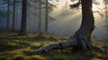 Mystical Morning Light Shining Through Foggy Forest with Fallen Log and Trees Royalty Free Stock Photo