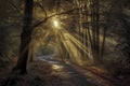 a serene forest path, bathed in sunbeams piercing through the trees, creating an ethereal atmosphere, ai generative Royalty Free Stock Photo