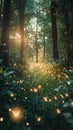 A serene forest path illuminated by glowing fireflies at sunset Royalty Free Stock Photo