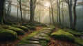 Mystical Stone Path Through a Foggy Mossy Forest Royalty Free Stock Photo