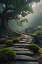Serene Stone Path Winding Through Misty Forest Under Ancient Tree Royalty Free Stock Photo