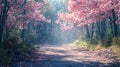 Pink cherry blossom forest path Royalty Free Stock Photo