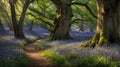 Enchanted Forest Path Through Bluebells and Ancient Trees in Springtime Glow Royalty Free Stock Photo