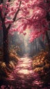 Dream pink cherry forest path Royalty Free Stock Photo