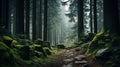 Serene Forest Path With Mossy Rocks - Atmospheric And Moody Landscape