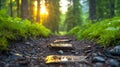 Serene Forest Path with Sunlight Streaming Through the Trees Royalty Free Stock Photo