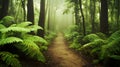 A serene forest path surrounded by lush ferns and misty trees invites exploration Royalty Free Stock Photo